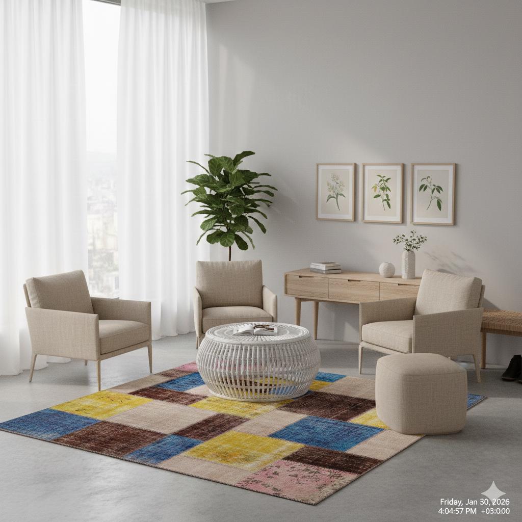 Handmade Wool Patchwork Rug: 7.5x7.5 ft Square Anatolian Rug