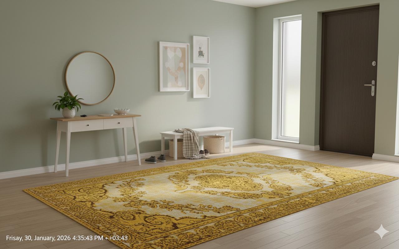 Vintage Yellow Anatolian Wool Rug: 5.8x10 ft, Bohemian Persian Design