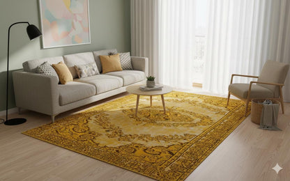 Vintage Yellow Anatolian Wool Rug: 5.8x10 ft, Bohemian Persian Design
