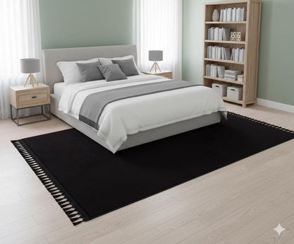 Black Fluffy Rug: Plain Modern Cotton Carpet with Tassels