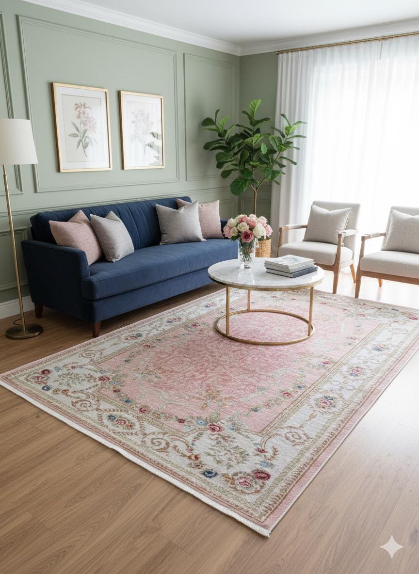 Charming Washable Pink Rug: Vintage Floral Design for a Cozy Home