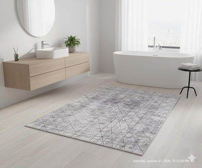 Abstract Line Area Rug, Minimalist Gray Geometric Carpet, Scandinavian Living Room Floor Rug