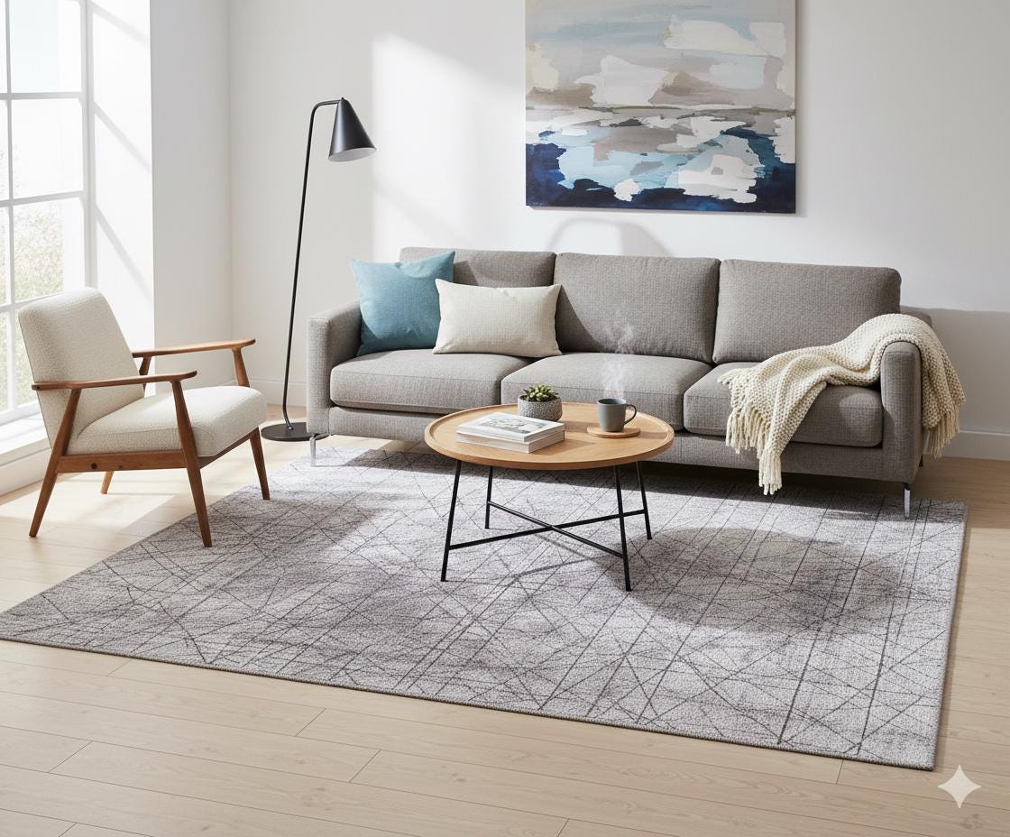 Abstract Line Area Rug, Minimalist Gray Geometric Carpet, Scandinavian Living Room Floor Rug