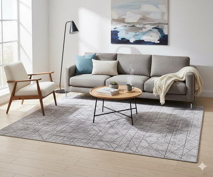 Abstract Line Area Rug, Minimalist Gray Geometric Carpet, Scandinavian Living Room Floor Rug