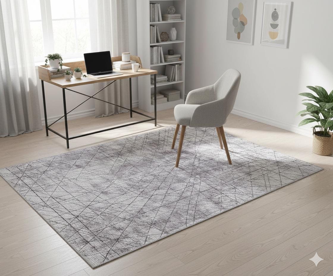 Abstract Line Area Rug, Minimalist Gray Geometric Carpet, Scandinavian Living Room Floor Rug