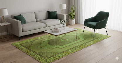 Vintage Green Wool Rug: Handmade Nursery Carpet (5'6"x10'ft)