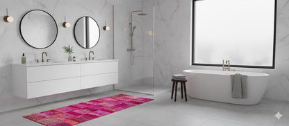 Handmade Pink Patchwork Runner Rug: Bohemian Wool Turkish Rug (3.5x7.9 ft)