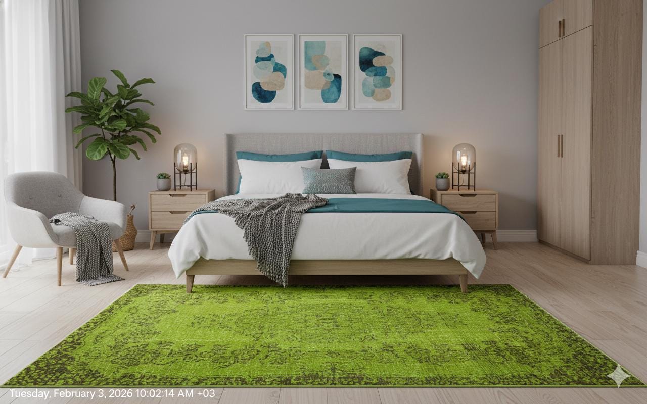 Vintage Green Wool Rug (5.6x8.6 ft) - Anatolian Persian Design
