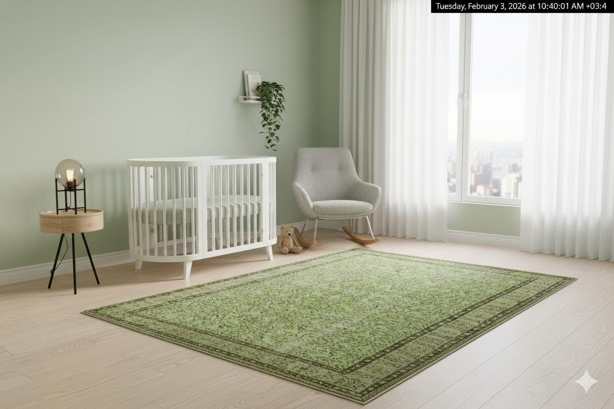 Handmade Green Wool Rug: Vintage Nursery Carpet (5'9"x8'7")