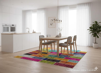 Handmade Patchwork Turkish Rug: Bohemian Wool Area Rug (5'x8' ft)