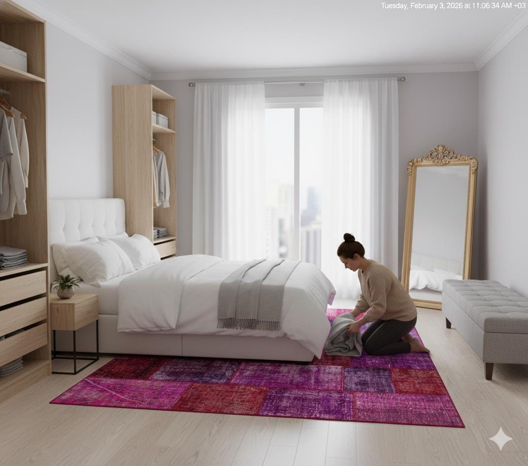 Handmade Purple Patchwork Wool Rug - Bohemian Turkish Rug (6'8''x7'7'')