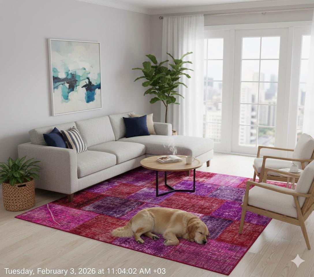 Handmade Purple Patchwork Wool Rug - Bohemian Turkish Rug (6'8''x7'7'')