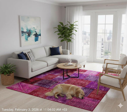 Handmade Purple Patchwork Wool Rug - Bohemian Turkish Rug (6'8''x7'7'')