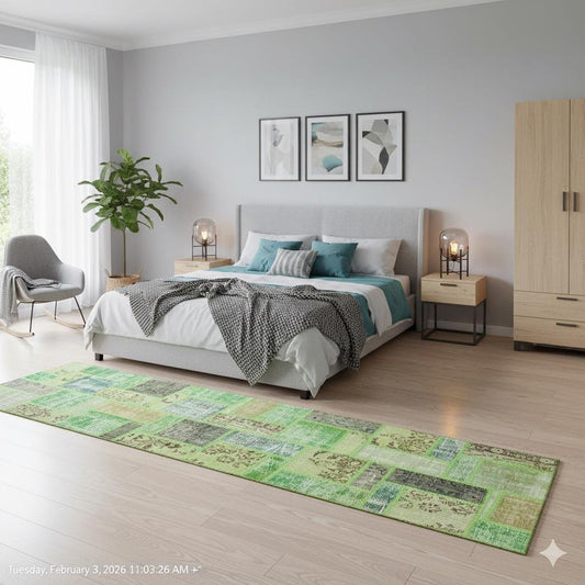 Handmade Green Patchwork Wool Rug: Bohemian Runner (2.6x9.7 ft)