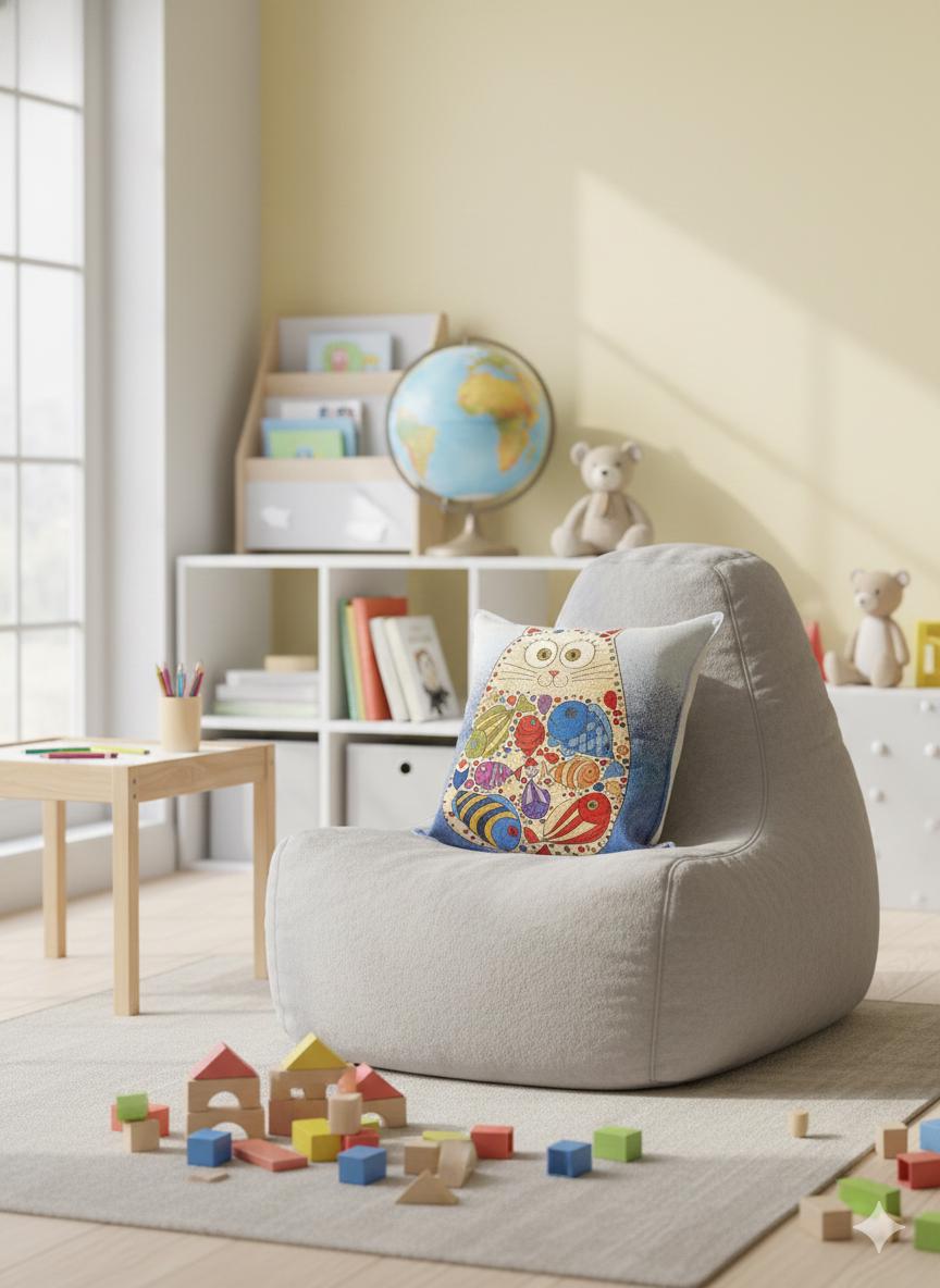 Gobelin Cat Pillow Cover: Whimsical Fish Design, Handmade in Türkiye