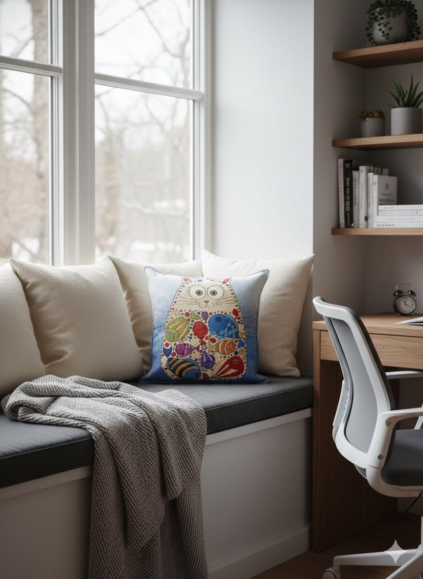 Gobelin Cat Pillow Cover: Whimsical Fish Design, Handmade in Türkiye