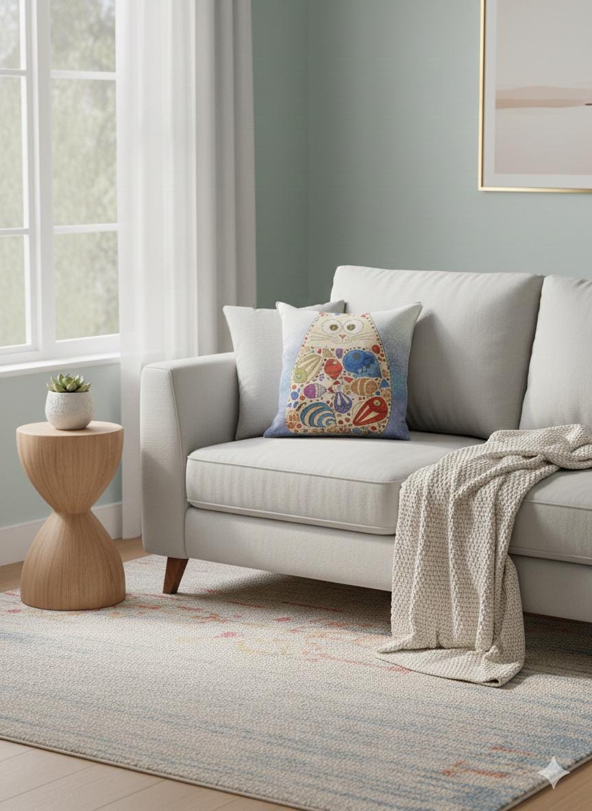 Gobelin Cat Pillow Cover: Whimsical Fish Design, Handmade in Türkiye