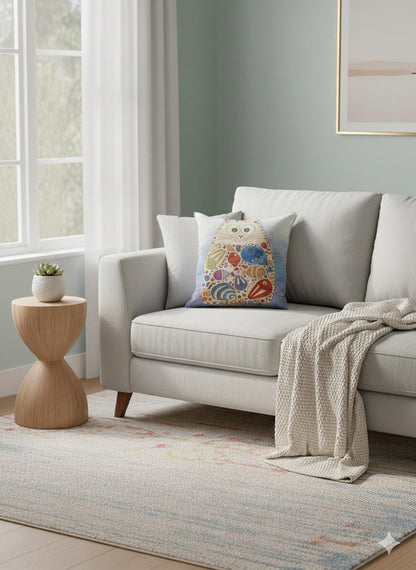Gobelin Cat Pillow Cover: Whimsical Fish Design, Handmade in Türkiye