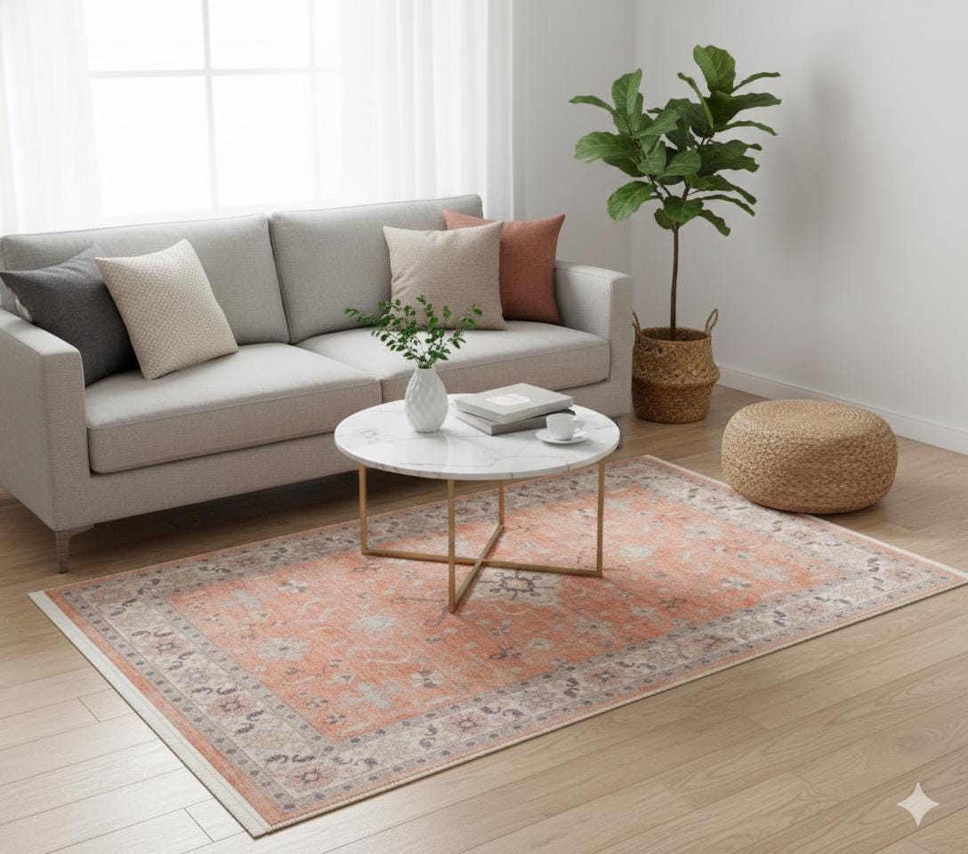 Terracotta Orange Turkish Style Rug: Vintage Floral Area Carpet