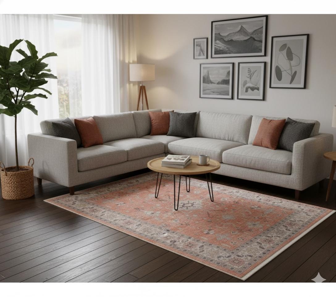 Terracotta Orange Turkish Style Rug: Vintage Floral Area Carpet