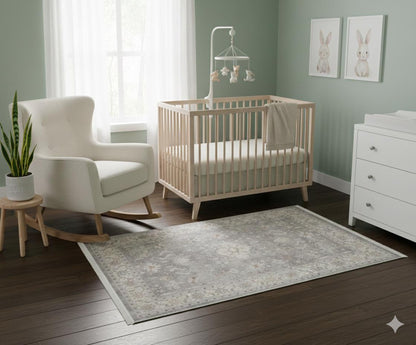Gray Turkish Style Rug: Floral Medallion, Ivory Border