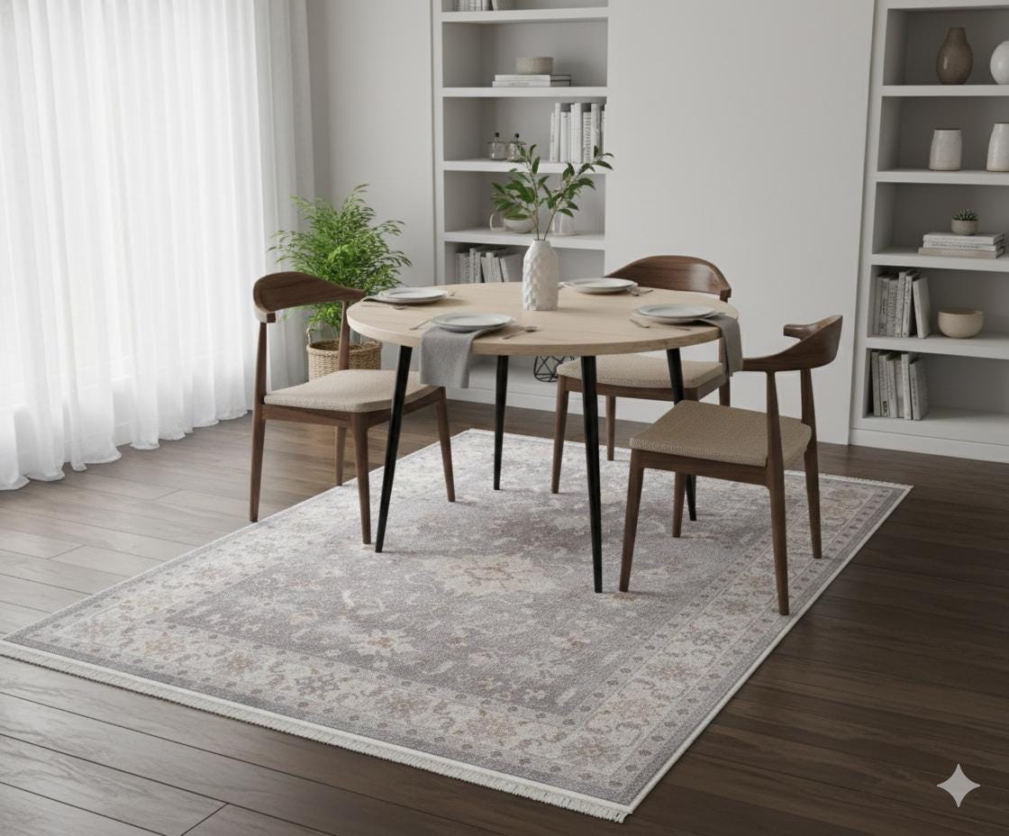 Gray Turkish Style Rug: Floral Medallion, Ivory Border