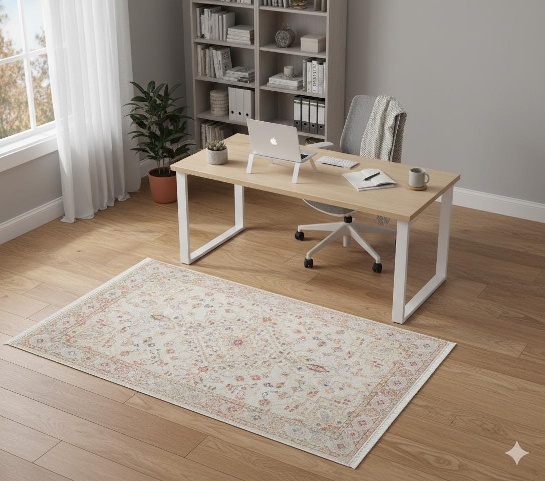 Muted Pink Turkish Style Rug – Geometric Medallion, Vintage Wash