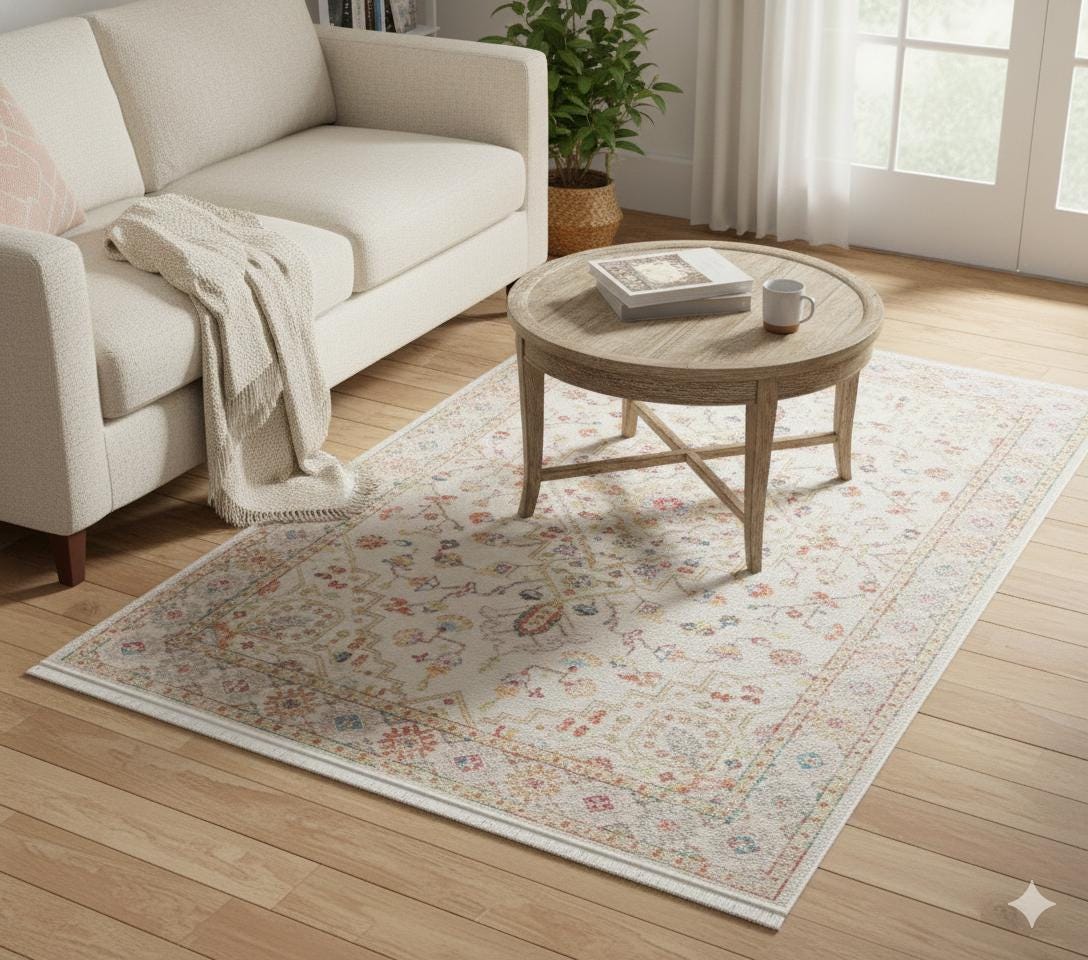Muted Pink Turkish Style Rug – Geometric Medallion, Vintage Wash
