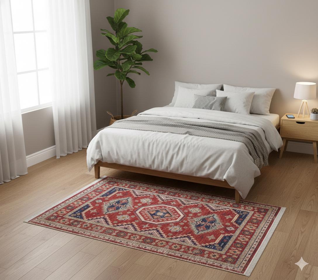 Red Turkish Style Area Rug: Geometric Medallion Design