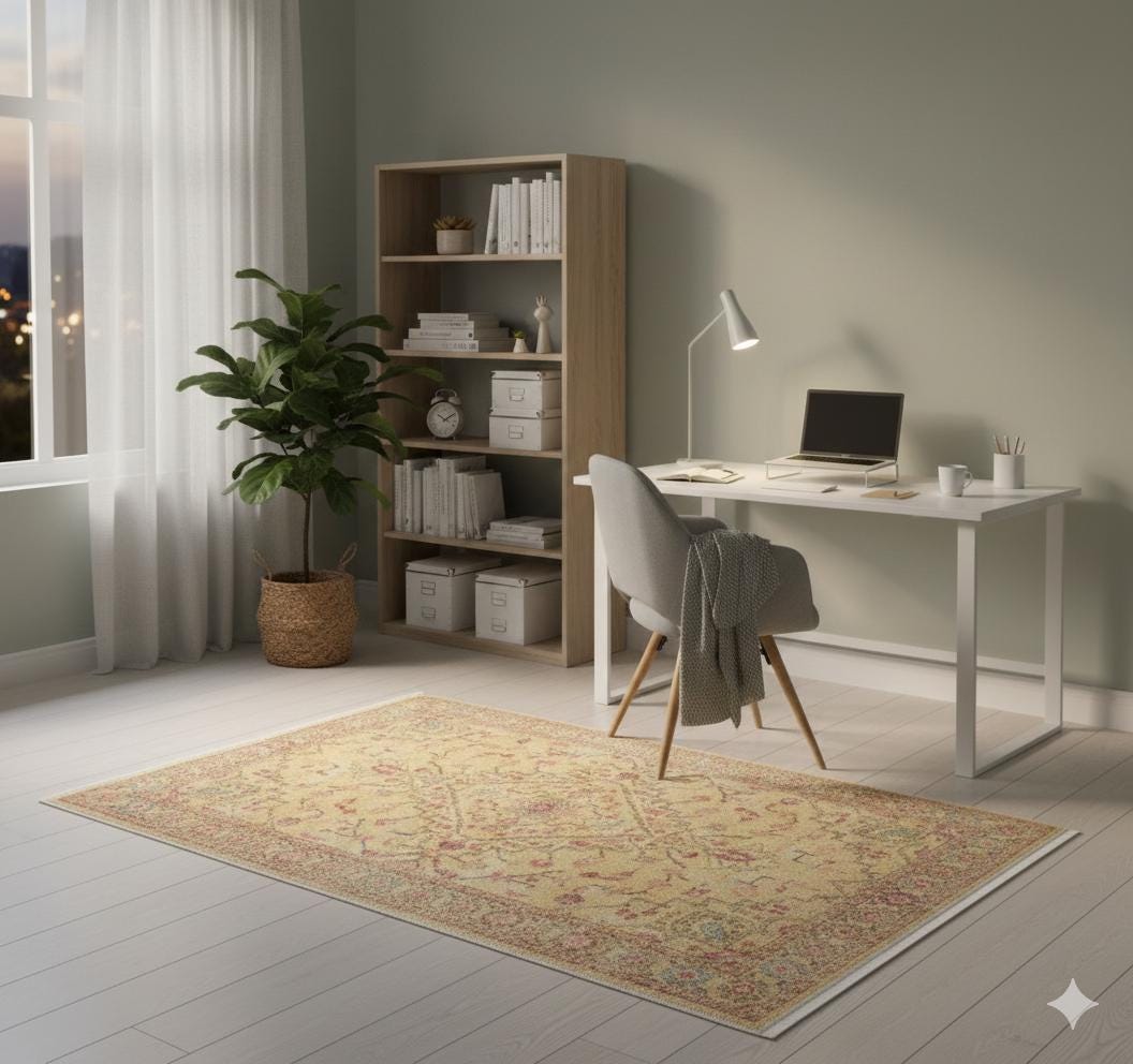 Light yellow Turkish-style rug with floral and vine motifs and a detailed decorative border