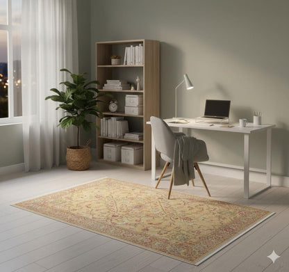 Light yellow Turkish-style rug with floral and vine motifs and a detailed decorative border