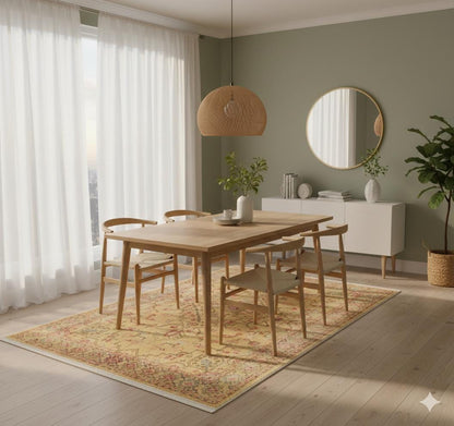 Light yellow Turkish-style rug with floral and vine motifs and a detailed decorative border