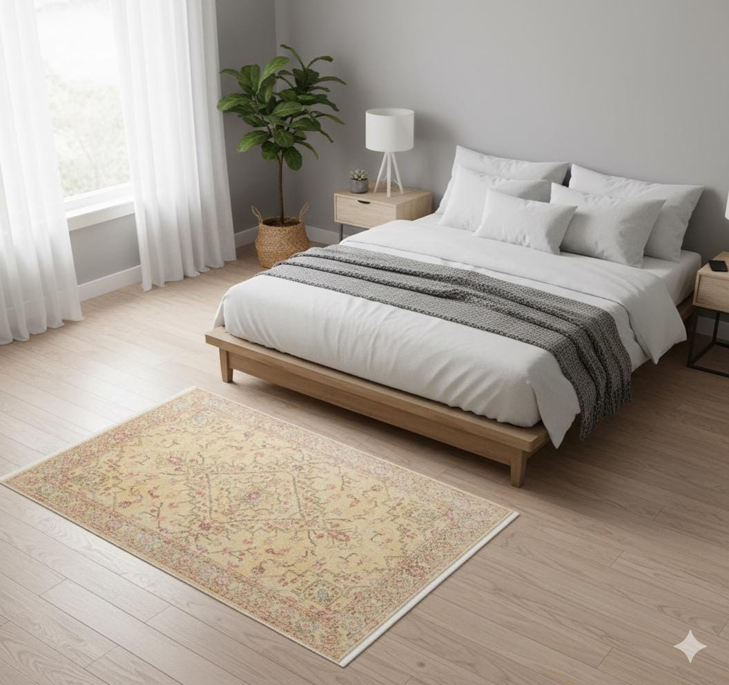 Light yellow Turkish-style rug with floral and vine motifs and a detailed decorative border