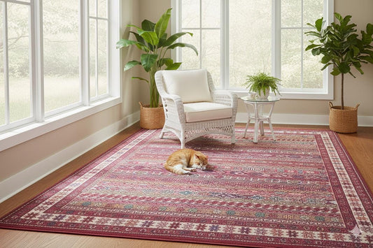 Red Oriental Kazak Rug: Vintage Washable Carpet with Tassels