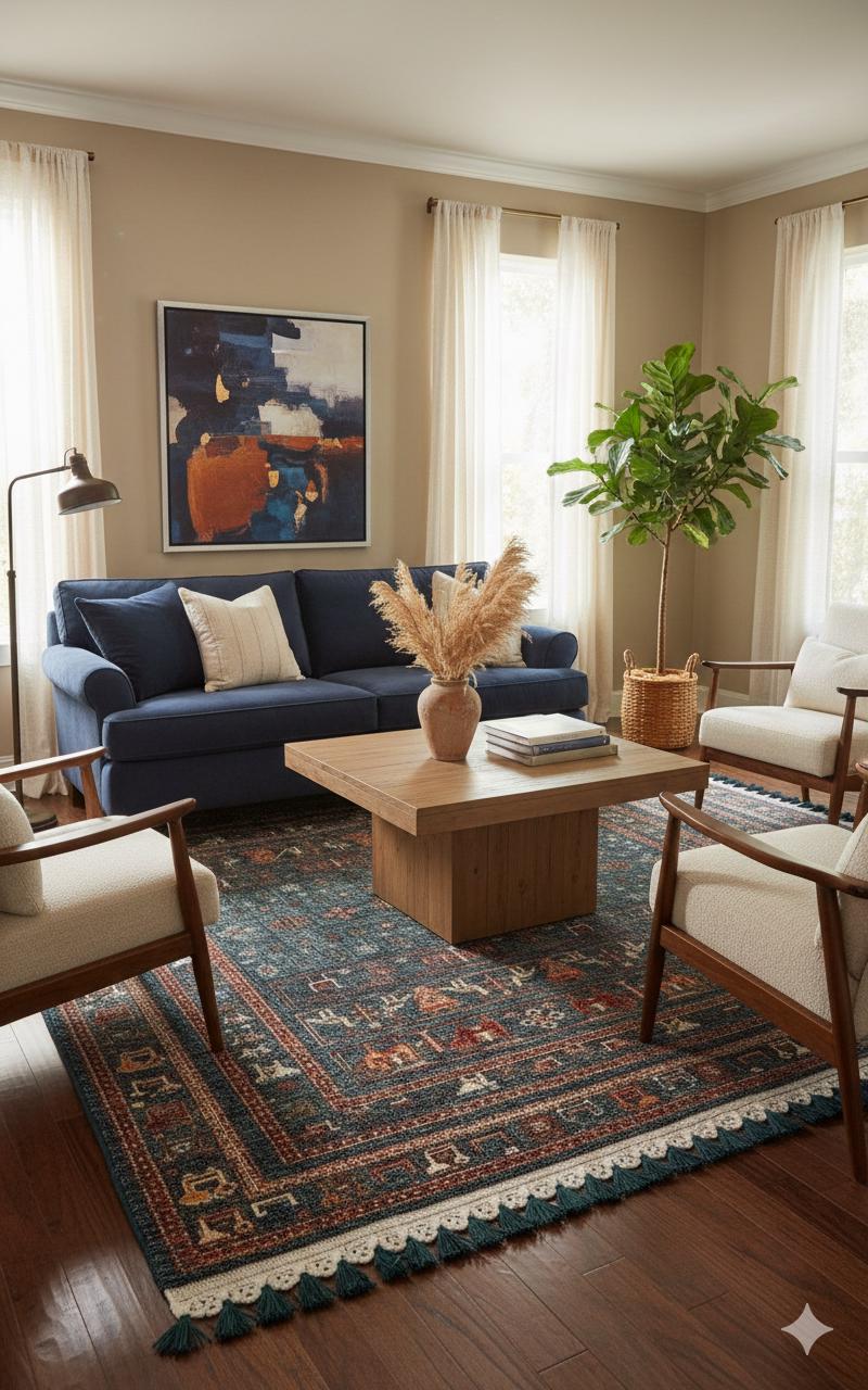 Blue Vintage Oriental Rug: Washable Living Room Rug with Tassels