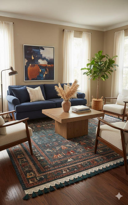Blue Vintage Oriental Rug: Washable Living Room Rug with Tassels