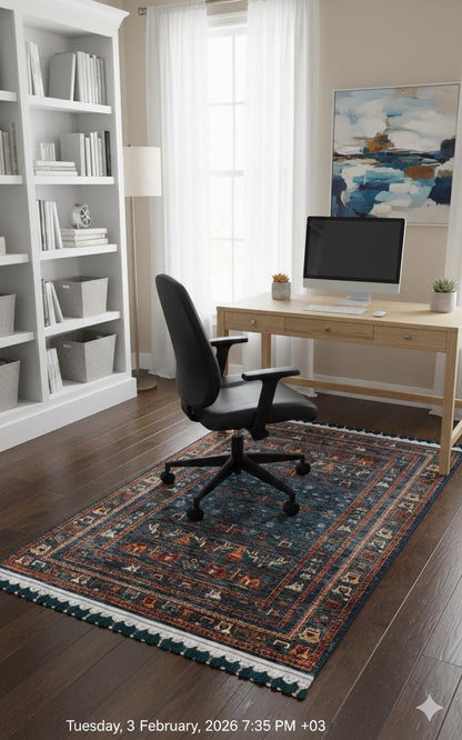 Blue Vintage Oriental Rug: Washable Living Room Rug with Tassels