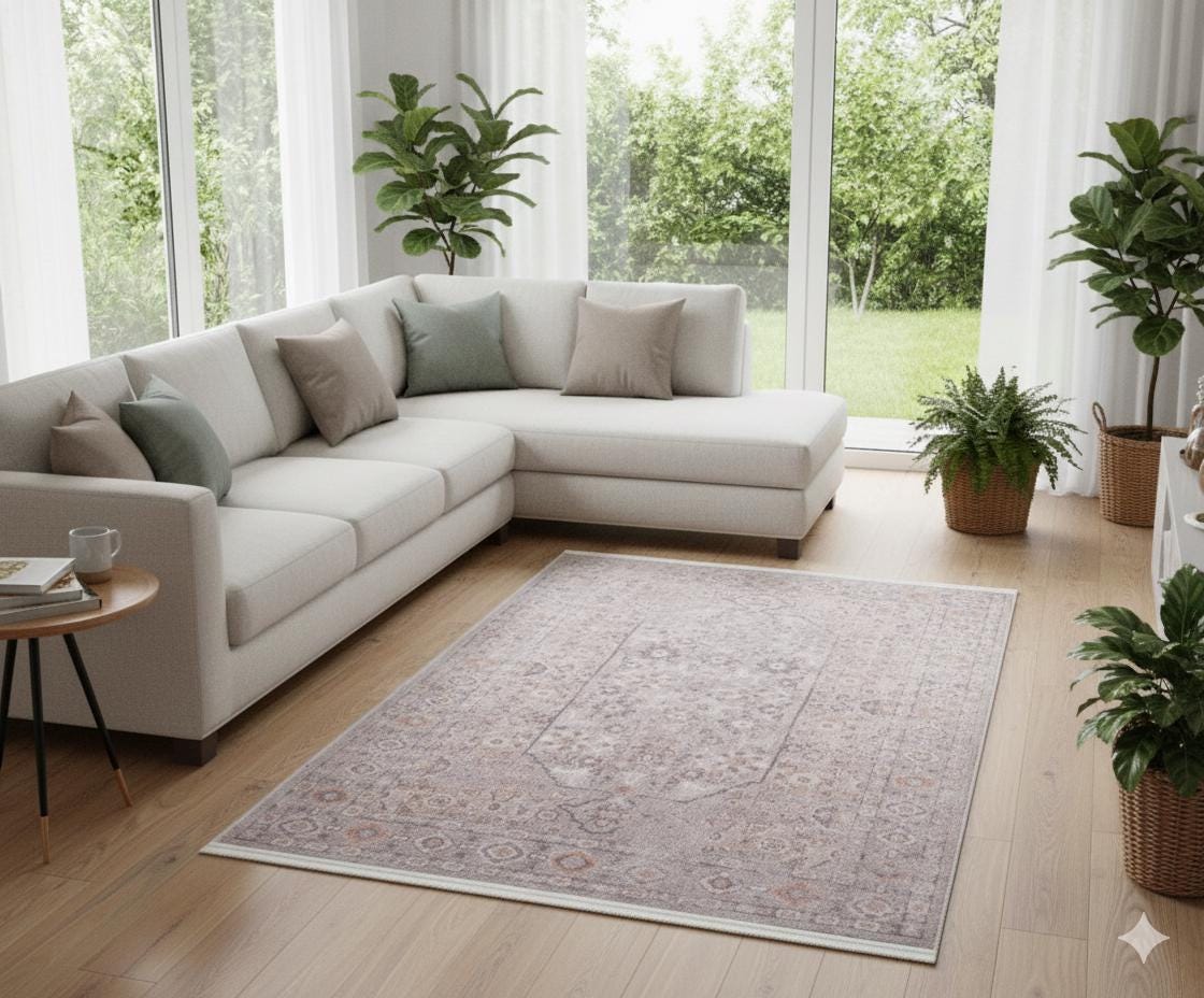 Faded Floral Turkish Rug: Vintage Style Area Carpet