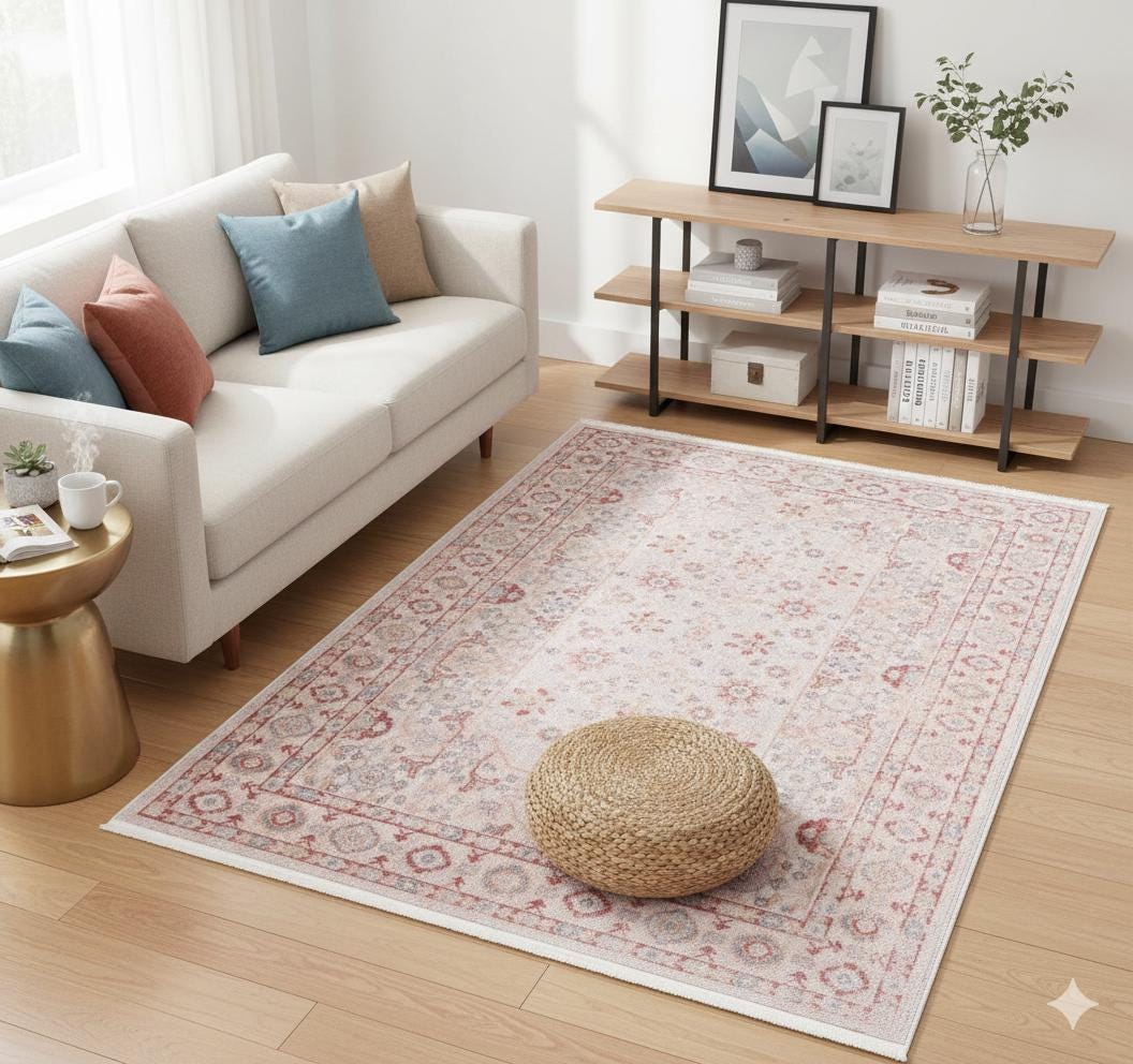 Blush Beige Turkish Style Rug: Faded Floral Area Carpet