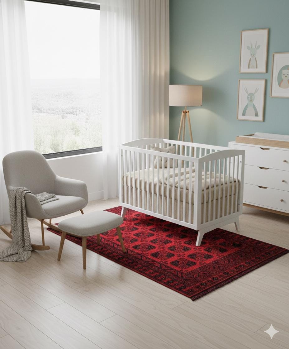 Red Oriental Afghan Rug: Washable Chenille Farmhouse Rug