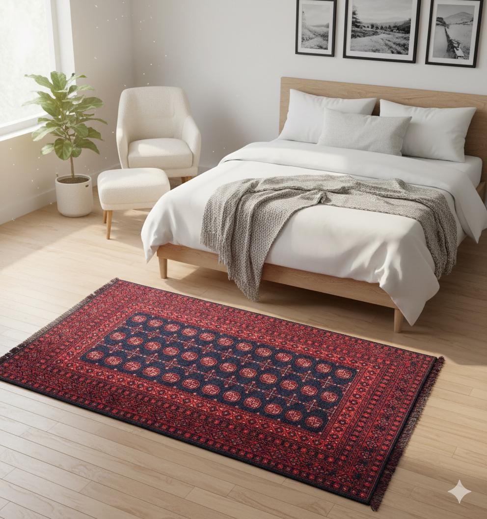 Red Afghan Rug: Traditional Bukhara Oriental Chenille Rug (3.9 x 5.9 ft)