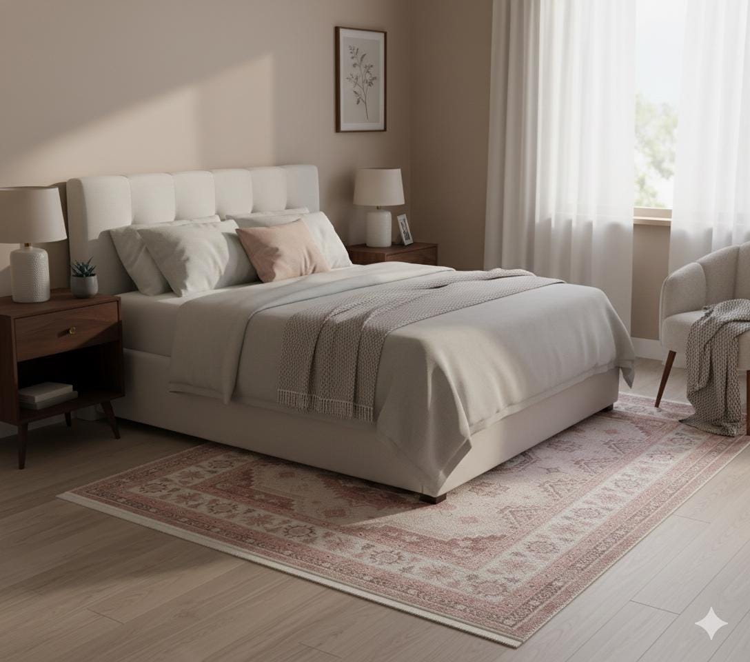 Muted Pink Turkish Style Rug: Soft Geometric Medallion, Vintage Look