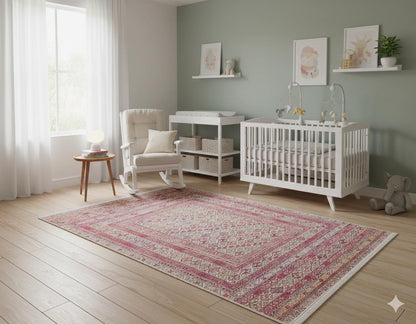 Vintage Afghan Rug: Washable Beige Living Room Carpet