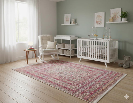 Vintage Afghan Rug: Washable Beige Living Room Carpet