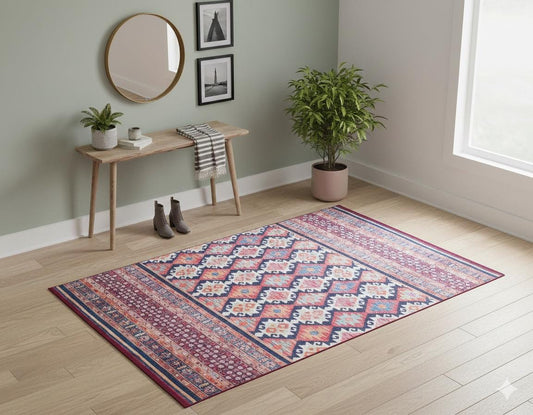 Colorful Vintage Kilim Rug: Washable Red Rug with Tassels