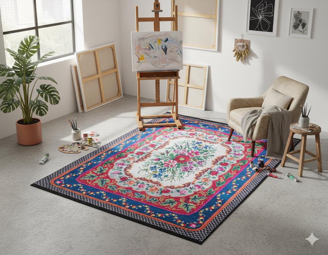 Blue Vintage Karabagh Rug: Washable Floral Carpet with Tassels