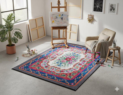 Blue Vintage Karabagh Rug: Washable Floral Carpet with Tassels