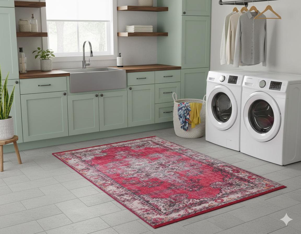 Red Vintage oriental Rug: Classic Washable Rug with Tassels