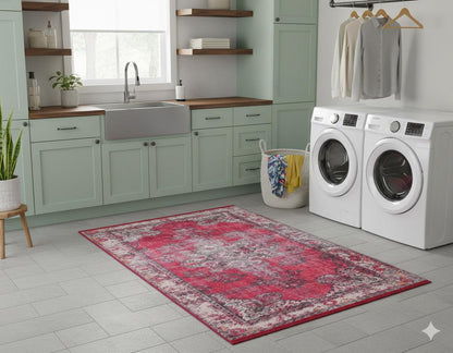 Red Vintage oriental Rug: Classic Washable Rug with Tassels
