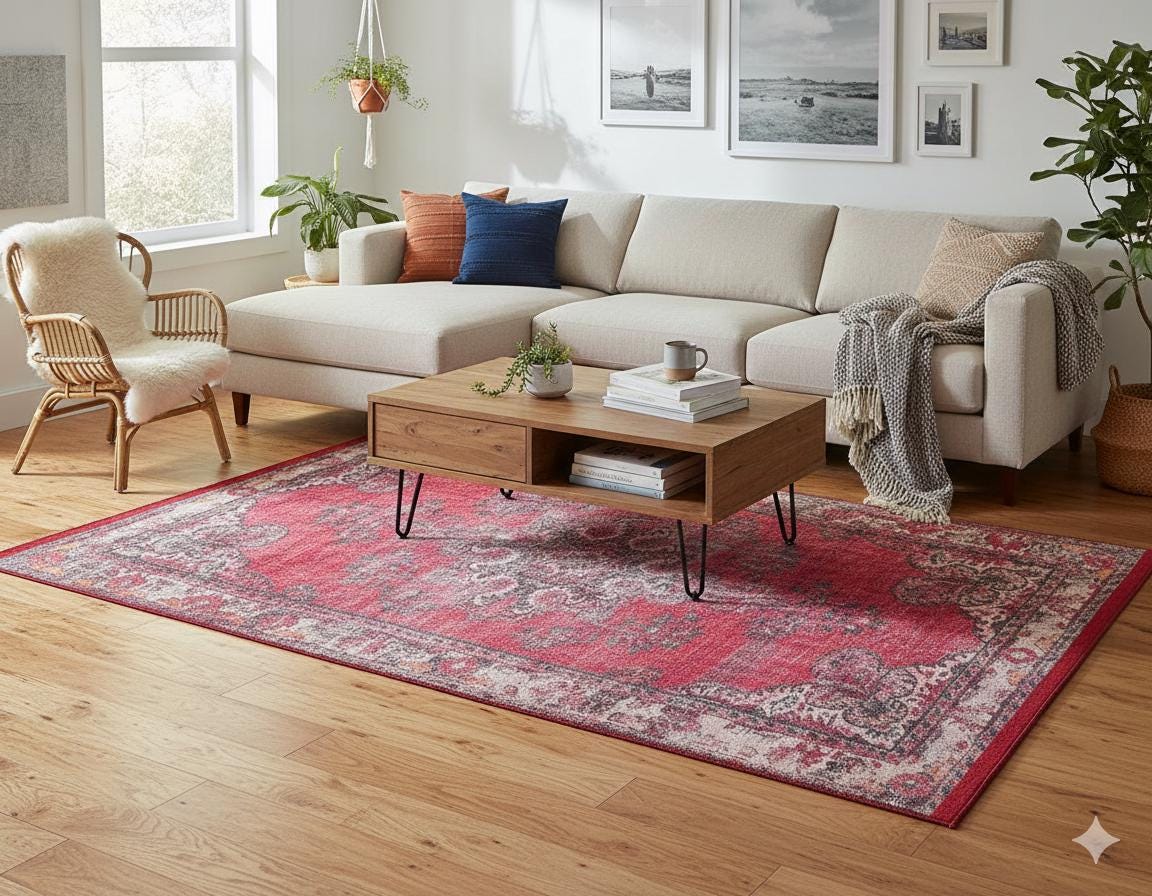 Red Vintage oriental Rug: Classic Washable Rug with Tassels